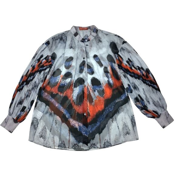 Altuzarra Chiffon Button Up Top Blouse IT 38 Long Sleeve Mock Neck Gray Black - Picture 1 of 13